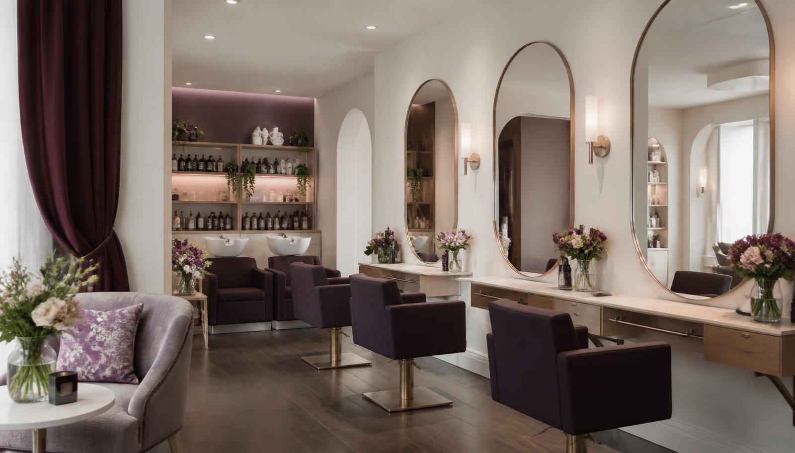 Interior elegant de salon de beauty cu oglinzi, fotolii și flori